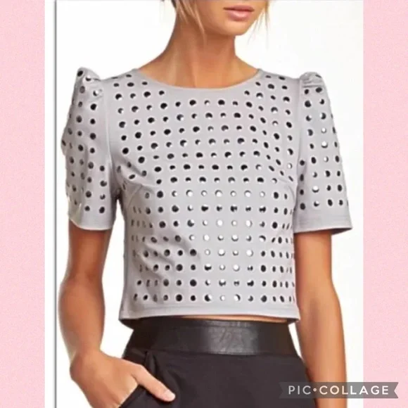 Stella & Jamie Studded Gray Puff Sleeve Crop Top Size XS X-Small NWOT - Picture 1 of 11